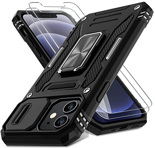 DEERLAMN Case for iPhone 12/12 Pro with Slide Camera Cover+Screen Protector(2 Packs),Rotated Ring Kickstand Military Grade Shockproof Protective Cover-Black
