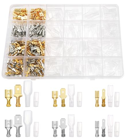 YIXISI 440 PCS 2.8mm 4.8mm 6.3mm Male and Female Wire Spade Connector Kit, Electrical Crimp Terminal Block Assortment Kit, with Insulating Sleeve, for Electrical Wiring Car Audio (Golden + Silver)