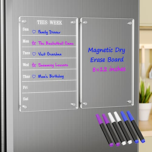 HIIMIEI Magnetic Weekly Calendar Meal Planner for Fridge, 2 Set Clear Acrylic Dry Erase Board Calendar for Fridge 11.8” x 7.8”, Reusable Memo Weekly Planner with 6 Dry Erase Markers 3 Colors
