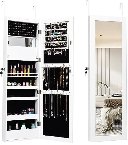 RELAX4LIFE Armoire à Bijoux Murale/Suspendue avec Miroir HD Plein Longueur & Éclairage LED, Miroir Porte Bijoux Accrochable Verrouillable, Grande Capacité pour Bracelets Colliers Bagues (Blanc)