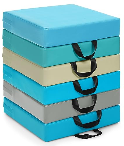 GOPLUS 6er Set Kinder Stuhlkissen, Bodenkissen mit Griff, Sitzkissen aus Kunstleder & Schaumstoff, Pflegeleicht, Rechteckig, Stapelbar für Leichtes Verstauen (Blau)
