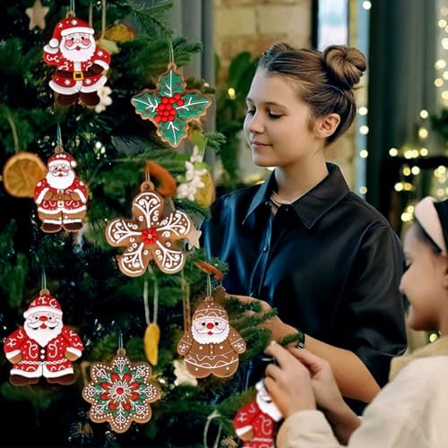 9 adornos de Papá Noel de jengibre para árbol de Navidad, copo de nieve blanco, flores de acebo, flores de pascua, decoraciones de Navidad, adornos colgantes para árbol de Navidad, decoración del