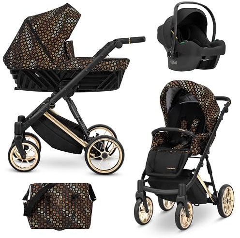 Kunert® IVENTO 3 in 1 Kinderwagen Kombikinderwagen komplettset I incl. Babywanne & Buggy Sportsitz & Auto-Babyschale mit Wickeltasche/Regenschutz +Fußsack I IVE 02 BLACK STYLE/GOLD FRAME