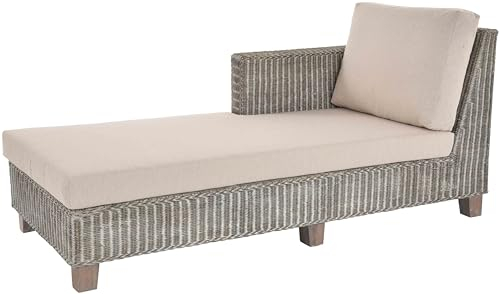 Krines Home Moderne Recamiere Vermont Rattanliege Chaiselongue Lounge Liege mit Polster (Vintage Grau)