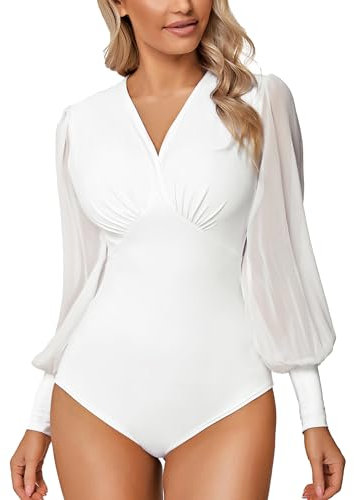 Litherday Body Donna Elegante con Scollo a V e Maniche Lunghe Sbuffo in Tulle – Body Sexy Elasticizzato Aderente per Festa Cerimonia Moda, Bianco, S