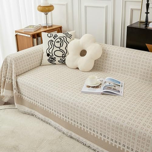 Ayoiow Sofahusse Überzug Bezug Sofa Beige Sofahusse 1Sitzer Baumwolle Gitter Gestrickt Mit Quaste