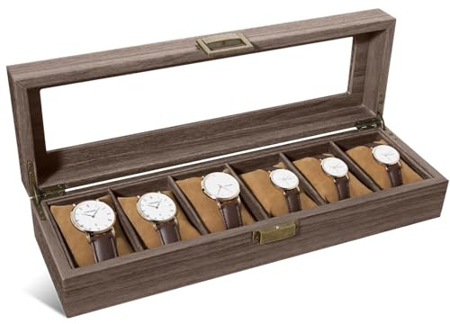 CeiBand Uhrenbox Holz Mit 6 FächernUhren, Displaybox Aufbewahrungsbox | Uhrenkasten Uhrenkissen Uhrentruhe Leder, Glasdeckel Uhren Aufbewahrungaus Tolles Geschenk für Die Liebsten(39*12*8.5cm)