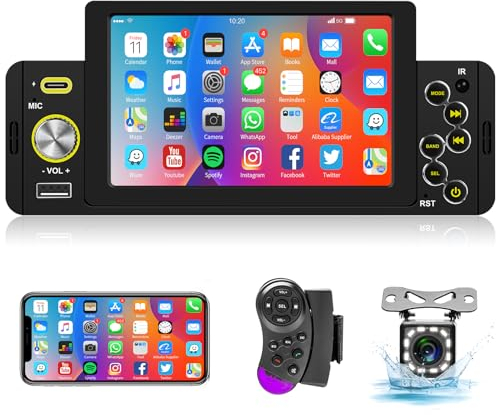 Hodozzy 1 Din Autoradio Bluetooth mit 5 Zoll Touchscreen Autoradio mit Bildschirm mit Mirror Link/USB/Type-C/FM Radio/SWC+Rückfahrkamera