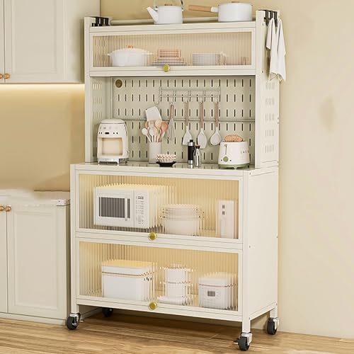 Küchenbäckerregal mit Klapptürschrank, 5-stöckiger Küchenschrank, Freistehender Küchenschrank, Aufbewahrungsregal aus Metall für Gewürze, Töpfe Und Pfannen (Color : Wit, Size : 80cm/32in)