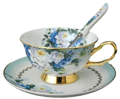 HUAMu Ensemble tasse et soucoupe de style européen en porcelaine anglaise pour le thé, le café, le petit-déjeuner et la cuisine - Fleurs violettes (bleu)
