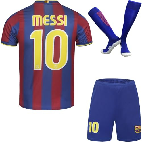 PraiseLight Barcelona Limitierte #10 Heim Fußball Kinder Trikot Auflage Shorts Socken Set Nostalgie Jugendgrößen (Blau/Rot,28)