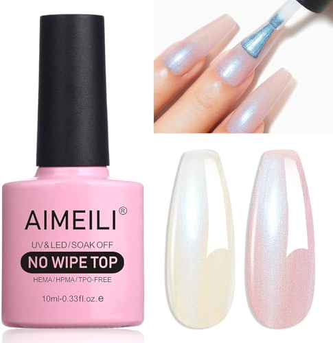 AIMEILI 2 In 1 Pearl Glitter Top Coat Gel Polish, Micro Aurora Glitter Gel Polish Shimmer Gel Top Coat No Wipe UV LED, Chrome Nail Art Top Gel, High Gloss Shiny Finish, Long Lasting, 10ml, 001
