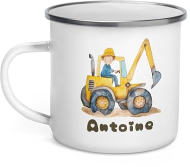 Tasse Pompier Tractopelle Camion Tracteur Personnalisable Prénom Enfant Camion Tracteur Mug Petite Fille Garçon Gobelet Verre Métal Cadeau Noël Acier Déjeuner Incassable Émaillee (Tractopelle)