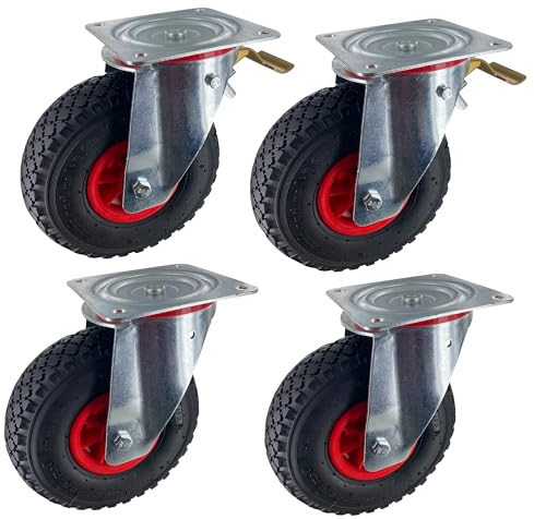 Rollentechnik Satz 2x Lenkrolle ohen Feststeller & 2x Lenkrollen mit Feststeller Luftrad, Ø260x85mm, Stahl, gepresst, schwarz, 450 KG Tragfähigkeit