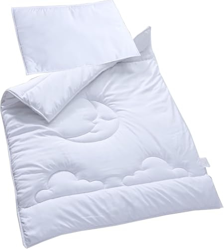 Hajran Linen Coverless Cot Duvet/Quilt and Pillow Set | Sleeping Moon Design | OEKO-TEX STANDARD 100 Certified | Soft and Breathable (White, 120 x 90 cm)