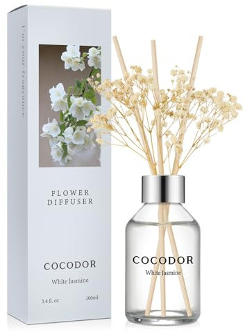 COCODOR Flower Reed Diffuser set / 100ml / White Jasmine/Scent Diffuser with Sticks Home Fragrance Reed Diffuser for Bathroom Shelf Decor