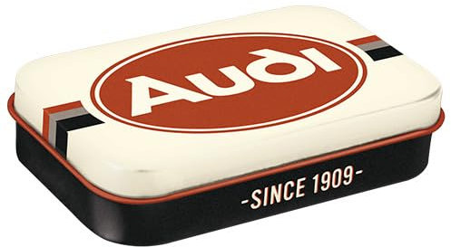 Nostalgic-Art Retro Pillendose XL, 6 x 9,5 x 2 cm, Audi – Logo – Geschenk-Idee für Audi-Zubehör Fans, Original Lizenzprodukt (OLP), mit Pfefferminz-Dragees, Vintage Design