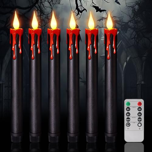 Led Kerzen Flackernde Flamme, 6 Stück Led Stabkerzen mit Timerfunktion Led Kerzen mit Fernbedienung Batteriebetriebene Flackernde Flamme Kerzen LED Kegelkerze für Halloween Party Dekoration (Schwarz)