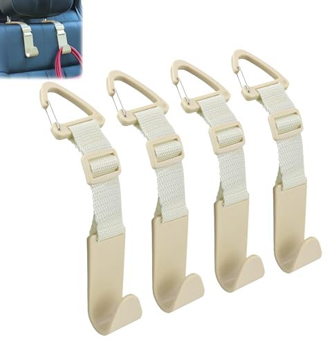 Amooca Headrest Hooks for Car Adjustable 4 Pack Vehicle Seat Back Organizer Storage Hanger Holder for Purse Bags Universal Fit with Clip Beige