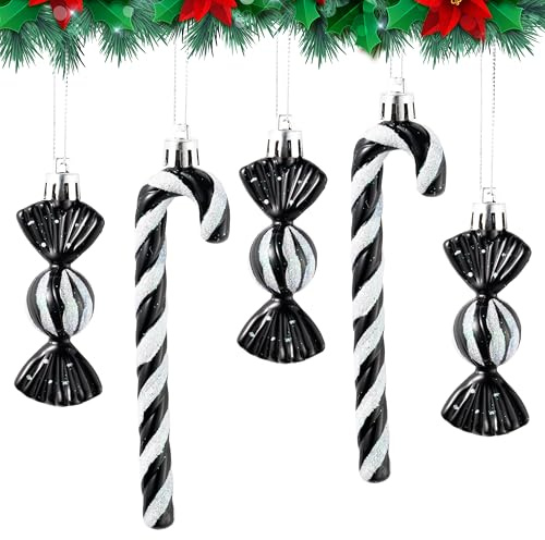 TirEurt Weihnachtsbaum Zuckerstangen Hängende Ornamente - Glitzer Weihnachtskugeln Zuckerstangen Deko, Weihnachten Hängende Anhänger für Weihnachtsanhänger Weihnachtsbaumschmuck, 18 Stück, Schwarz