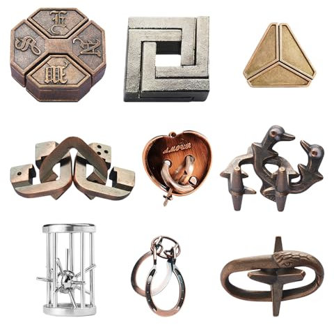 LYPPUL 9 PièCes Jeux De Puzzle en MéTal, Jeux De Puzzle pour Adultes, Jeux De Patience pour Enfants Adultes, Jeux De Qi, Ensemble Puzzle, Casse-TêTe 3D, Cadeaux Puzzle en MéTal pour éTudia