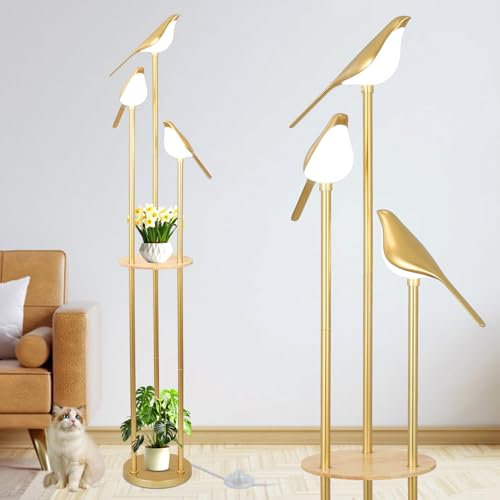 Rayofly Gold Stehlampe Wohnzimmer, Modern Stehlampe mit Regal, Vintage Stehleuchte mit 3 verstellbaren LED-Vogelleuchten & Fußschalter, Stehlampe für Schlafzimmer Büro, Vogel Stehlampe Wohnzimmer