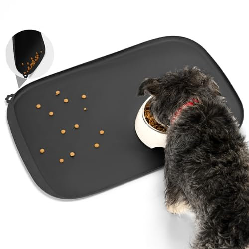 Conlun Dog Food Mat with Side Pocket & Hook Hole, Soft Raised Edges, Easy Clean Waterproof Non-Slip Pet Feeding Mat for Cats and Dogs Water Bowl, Pets Accessories(60x40cm,Black)