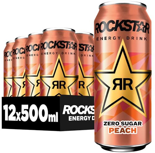Rockstar Energy Drink Peach Geschmack - Zero Sugar - Koffeinhaltiges Erfrischungsgetränk ohne Zucker für den Energie Kick, EINWEG (12 x 500ml) (Verpackungsdesign kann abweichen)