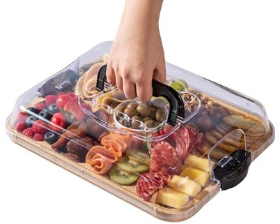 THETCHRY Charcuterie Board with Clear Lid,Large Travel Portable Cheese Board Charcuterie Boxes Cutting Boards for Kitchen, Gifts for Women,Black