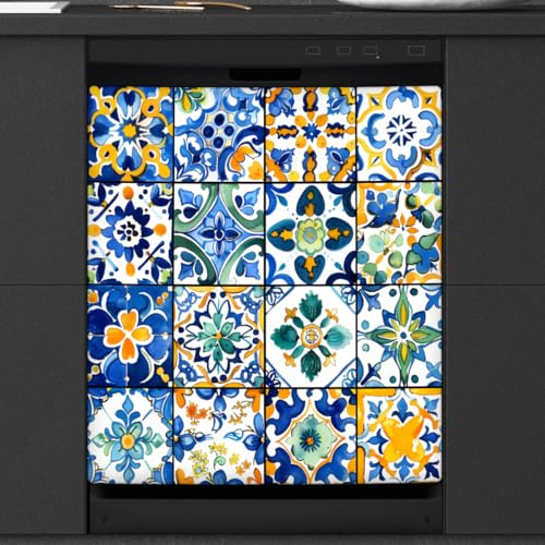 Mexpekil Aimant de lave-vaisselle motif carrelage espagnol 58,4 x 66 cm, autocollant décoratif imperméable pour lave-vaisselle pour appareils de cuisine
