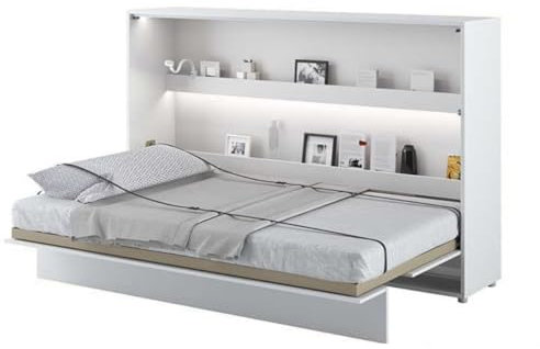 Friderik Bed Concept BC-05 Wandklappbett Horizontal Schrankbett mit Matratze und mit LED-Beleuchtung, 120x200 cm (Weiß Hochglanz)