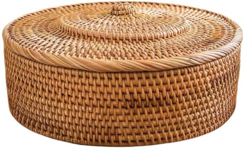 GREOHNMPAW Rattankorb mit Deckel, Handgewebter Aufbewahrungskorb, Weidenkorb mit Deckel zum Ordnen, Rattanbox, Rattan-Aufbewahrungsbehälter