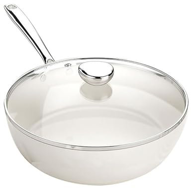 LISHAOHU Poêle Frire en Céramique Blanche,Poêle Frire Domestique sans Huile avec Couvercle en Acier Inoxydable Et en Verre,Poêle Frire Facile Nettoyer,Cuisinière Induction,Cuisinière Gaz Universelle