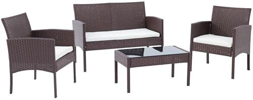 CLP Polyrattan Sitzgruppe Ramunda, Lounge-Set Outdoor wetterfest, aus PE-Rattan, mit Tisch Sesseln Bank und Sitzkissen, Gartenmöbel-Set, Farbe:braun