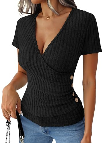 ANRABESS Womens Tops Short Sleeve V Neck Sexy Ribbed Knit Slim Fit Lightweight Sweater 2026 Summer Dressy Casual T-Shirts Black Small