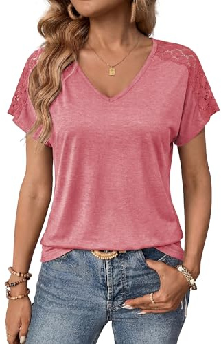 Aottori Womens Summer T Shirt V Neck Loose Fit Lace Shoulder Pullover Tunic