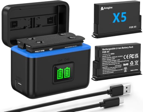 Anegine Insta 360 X5 Battery, 2 Pack 2850mAh Insta360 x5 Battery Bundle with Dual Fast Charger, Battery Level Display, Compatible with Insta360 X5 Camera (Battery*2, Charger*1)