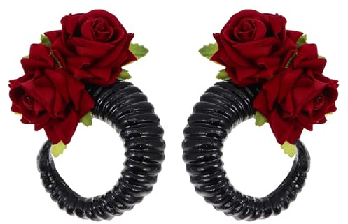 MUCKLILY Gothisches Festival Haarband mit Hörnern und Roten Blumen aus Baumwolle und Leinen für Halloween und Osterparty als Cosplay Kopfschmuck