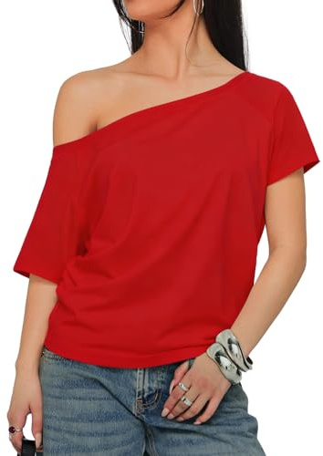 INFITTY Off Shoulder Top for Women Short Sleeve Summer Casual Tunic Tops Going Out Tops Y2k Clothing Red M