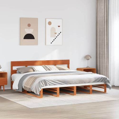 KTHLBRH Solid Pine Wood Bed Frame 200x200 cm Wax Brown Finish with Headboard, Plywood Slats for Mattress Support and Breathability, Sturdy Platform Bed Frame for Adults, Durable