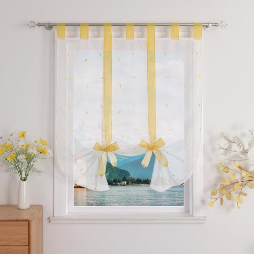 Yujiao Mao Voile Raffrollo mit Schlaufen, BxH 120x140 cm, Weiß Gelb | Modern Raffgardine mit Stickerei, Küchengardine, Bindegardine, Wohnzimmer, Bandrollo, Transparent, Klein Fenster, 1 Stück