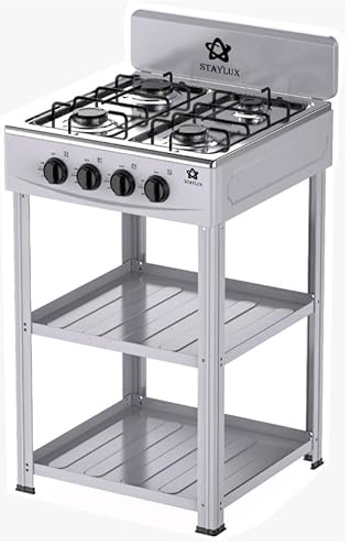 Fornello a Gas 4 Fuochi Cucinotto Con Supporto 2 Ripiani Piano in Acciaio Colore Grigio Cucina Da Campeggio Larghezza 49 x Profondità 49 x Altezza 82,3 cm Grey