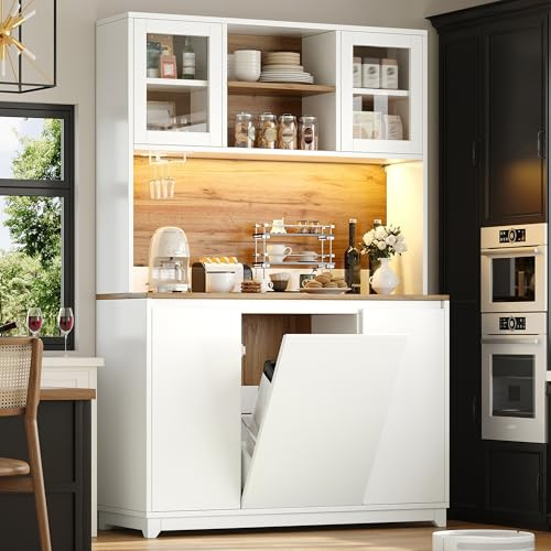 Azkoeesy Mueble alto de cocina y aparador alto 120 x 40 x 80 cm, LED multicolor con aplicación, puertas de acrílico, cubo de basura integrado, superficie de trabajo efecto madera natural, portavasos