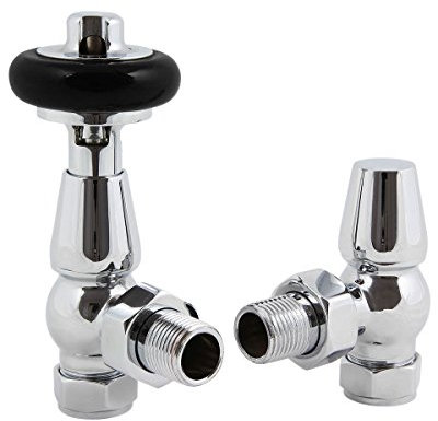 Chrome Wood Head Corner Radiator Valves Modern Radiator Valves 15mm x 1/2 Set of 2 for Heated Towel Rails & Central Heating Radiators Brass Radiator Valve Set