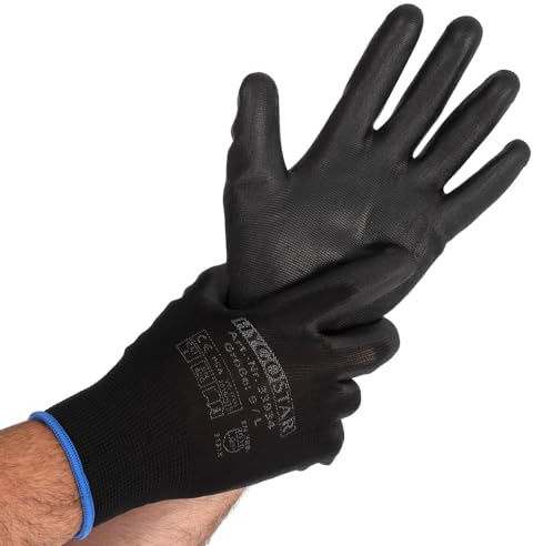 FRANZ MENSCH 120 paar Feinstrickhandschuhe Black Ace, Arbeitshandschuhe Größe XXL, 1/4 PU-Beschichtung, Montagehandschuhe, Nylon-Feinstrick, Schwarz in XXS, XS, S, M, L, XL & XXL