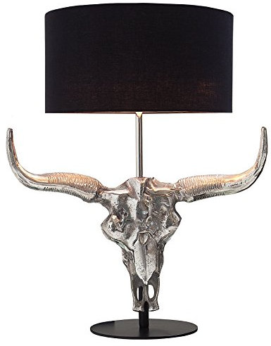 Imposante Tischlampe EL TORO 68cm silber Stierkopf Tischleuchte E27 Tierschädel Schädel Stoffschirm schwarz