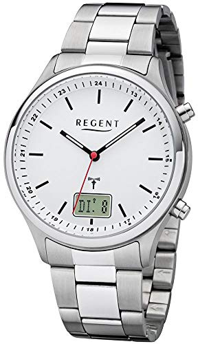 Regent Herren Funk Armbanduhr aus Edelstahl in der Farbe Silber-Weiß 39mm Analog Digital, Wasserdichtigkeit: 5Bar, 11030187