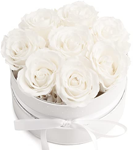 Rosenbox rosa rund Infinity Rosen - Flowerbox 8 echte Rosen haltbar 3 Jahre Durchmesser 15 cm - Geschenk für Frauen (Weiß-Weiß)