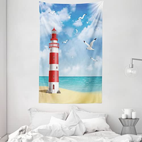 ABAKUHAUS Strand Wandteppich und Tagesdecke, Leuchtturm Möwen Ozean aus Weiches Mikrofaser Stoff Waschbar ohne Verblassen Digitaldruck, 140 x 230 cm, Vermilion Blue