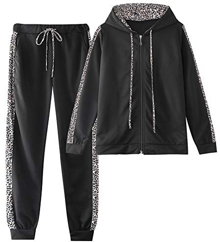 amropi Traingsanzug Damen Jogginganzug Leopard Kapuzenpullover Lange Ärmel Top + Hose Sportanzug 2 Stück (Schwarz,XXL)